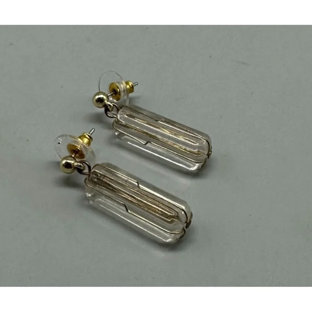 3/$30 Vintage Clear Earrings Gold Tone Acrylic Pillar Dangle Mod Retro 1.25